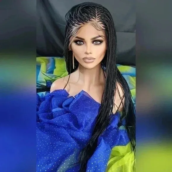 ๐ Braided full Lace Wig: African-Inspired, Black wig Human-Synthetic, "YARA" - Picture 5 of 16